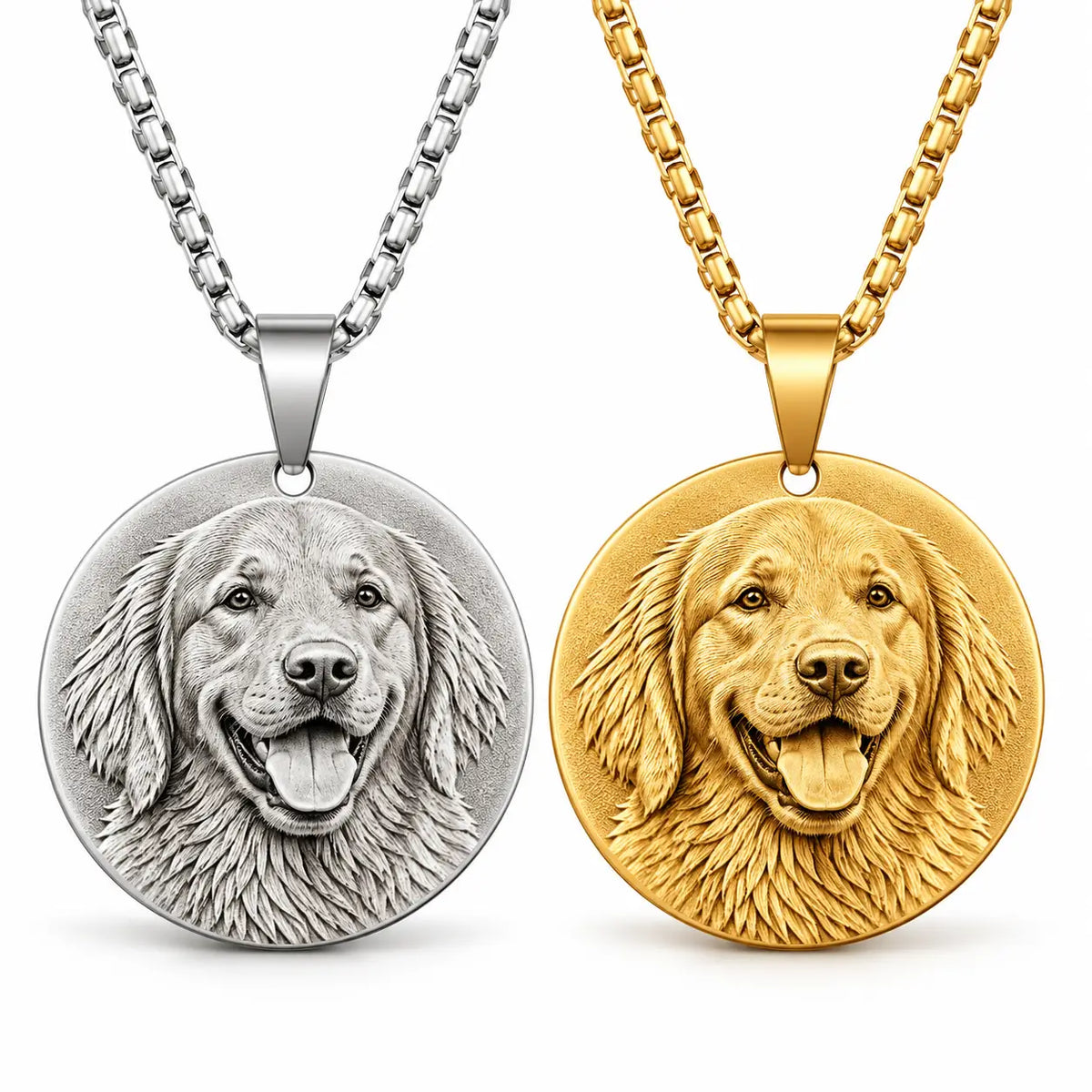 Silver and gold personalized pet photo necklaces with engraved dog portraits on round pendants