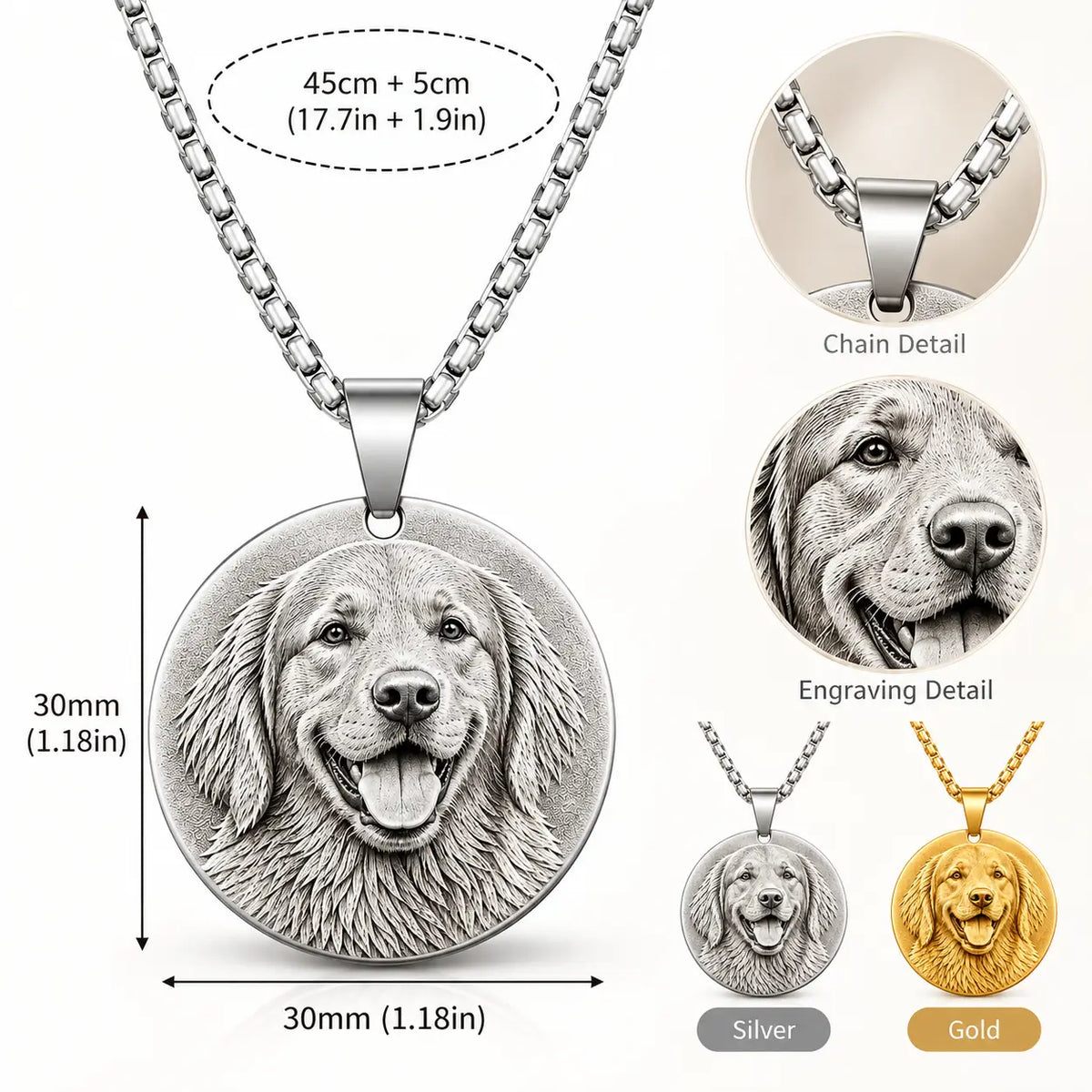 Personalized pet photo necklace size guide showing a 30mm round pendant and silver and gold options