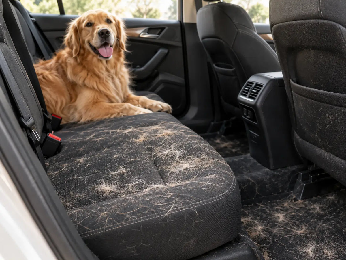 Loose dog and cat hair on a car seat and floor after traveling with pets