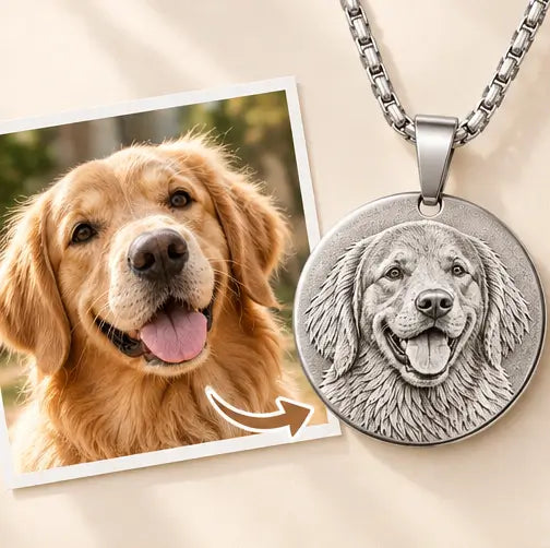 Golden retriever photo beside a silver personalized pet necklace with a matching engraved dog portrait