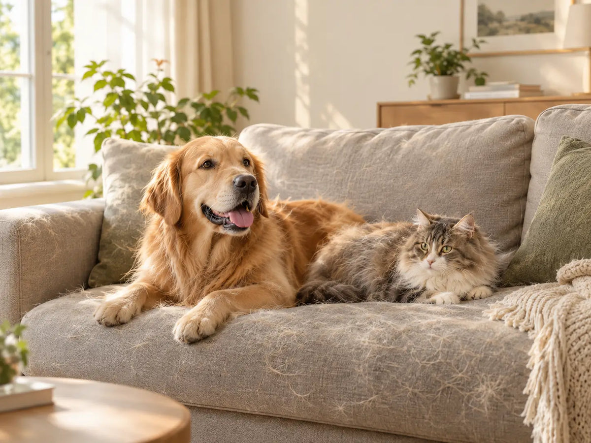 Golden Retriever and cat relaxing on a sofa covered with loose pet hair
