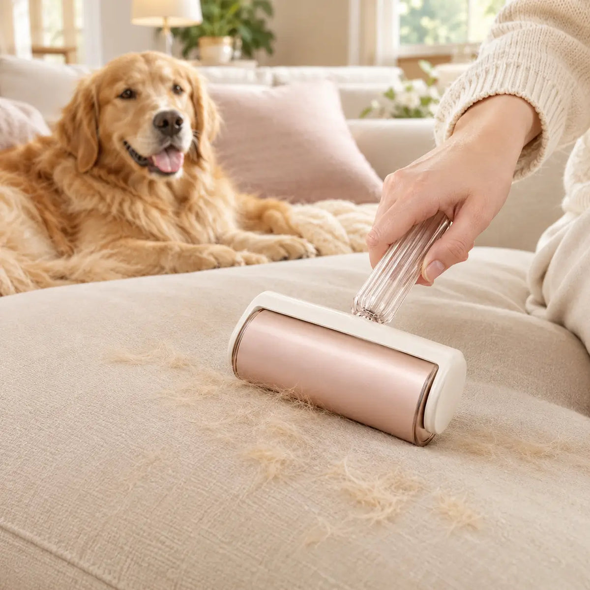 Rose gold lint roller removing golden retriever hair from a cream sofa