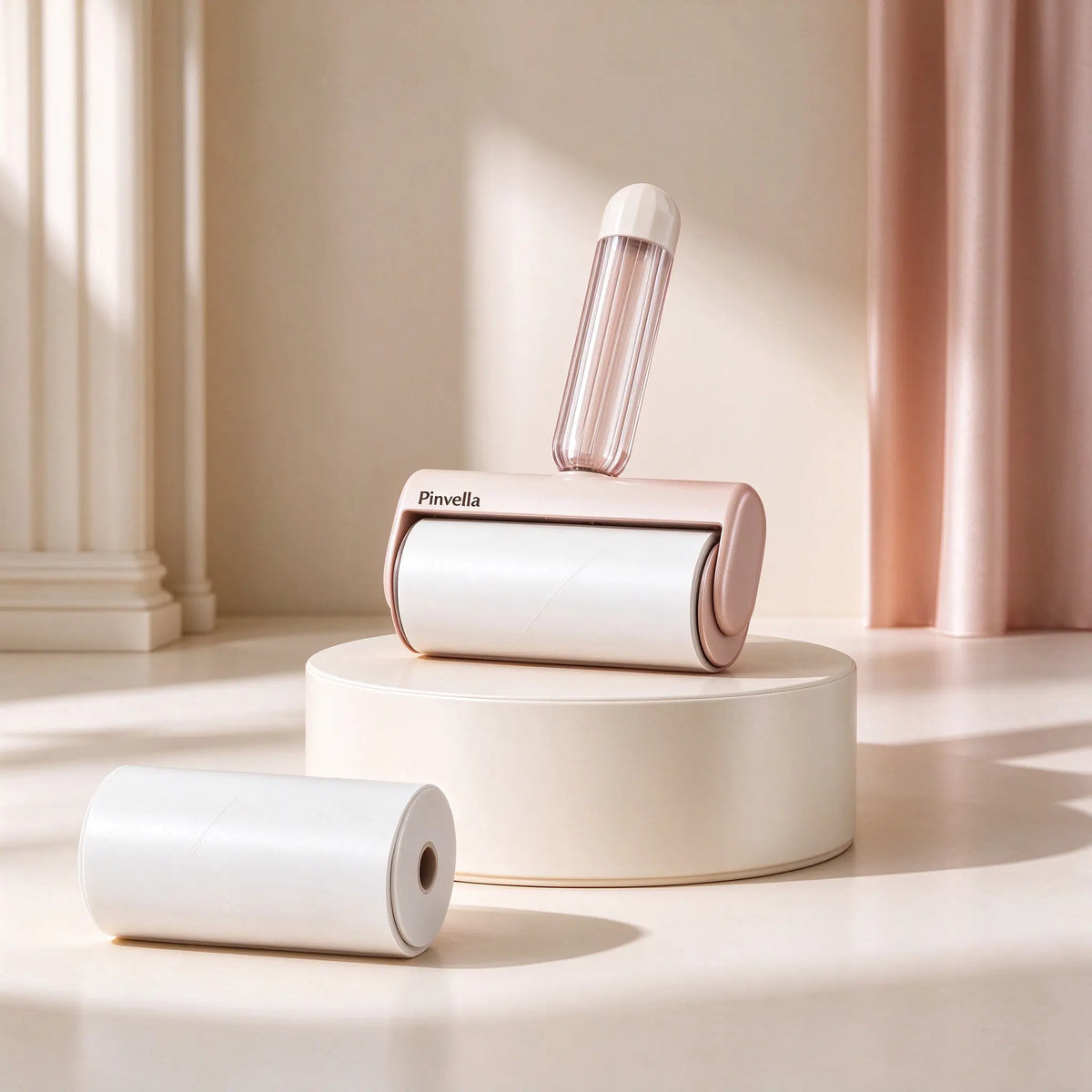 PINVELLA FurEase Roller in ivory and rose gold on a minimalist display