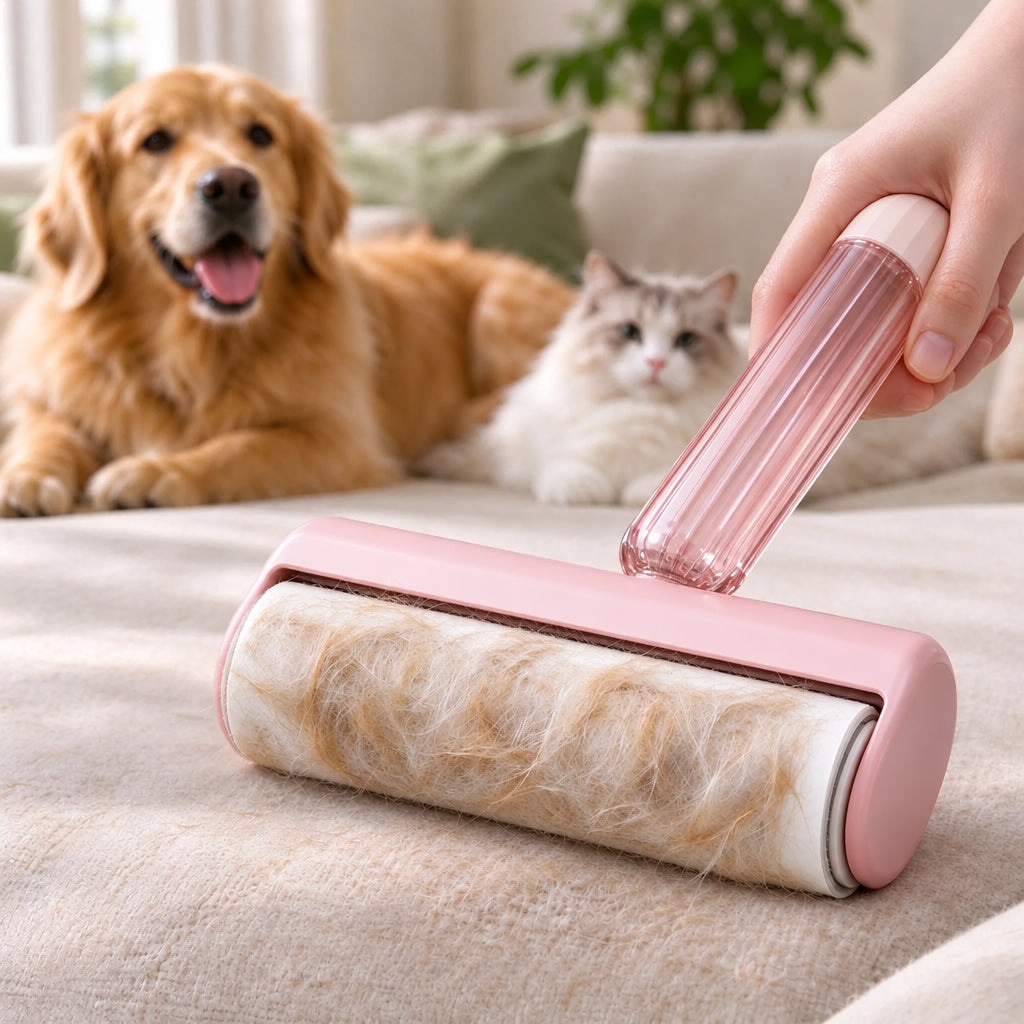 Pinvella blush pink lint roller covered in pet fur, held by hand on beige sofa with golden retriever and Ragdoll cat behind