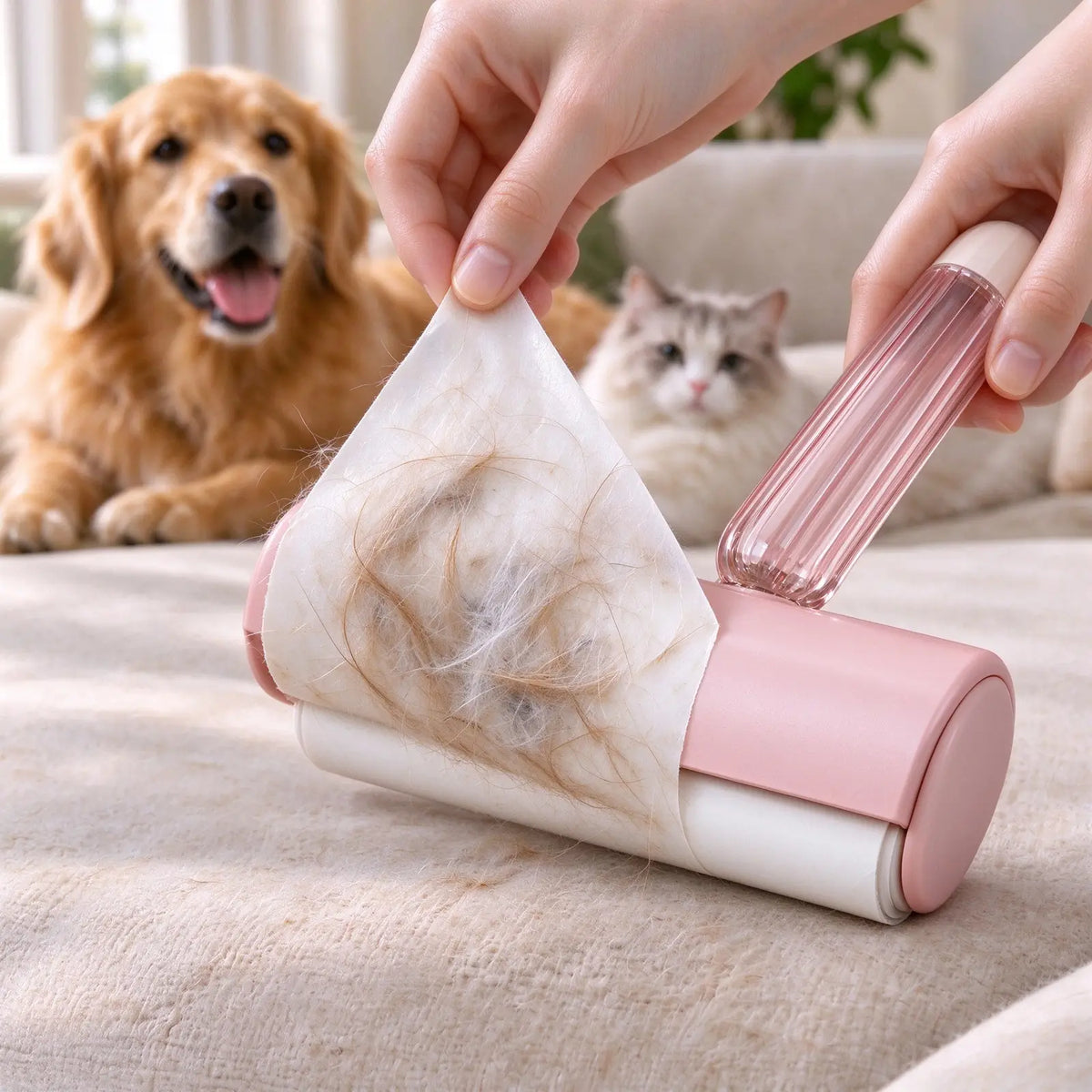 Hand peeling used fur-covered sheet from Pinvella new blush pink lint roller with transparent ridged handle, revealing fresh clean adhesive, dog and cat on sofa