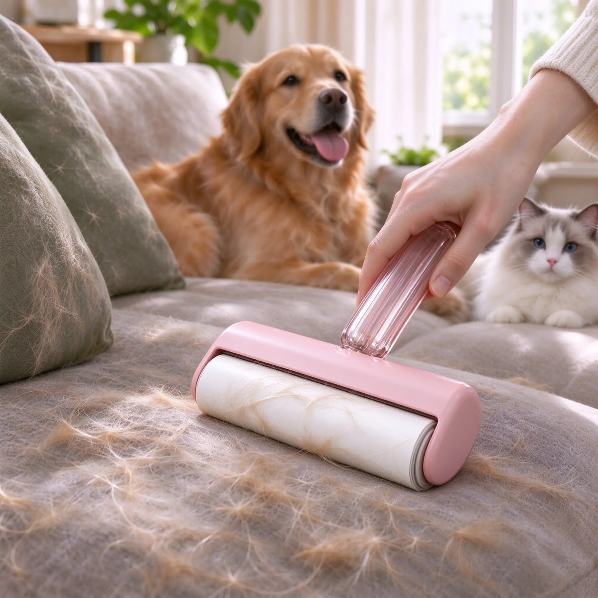 Hand in cream sweater rolling Pinvella pink lint roller on sofa covered in dog hair, golden retriever and tabby cat on couch